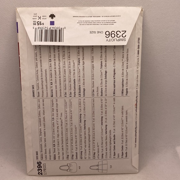 Simplicity 2396 Sewing Pattern Tote Bags Sweet Pea Uncut - Picture 7 of 9